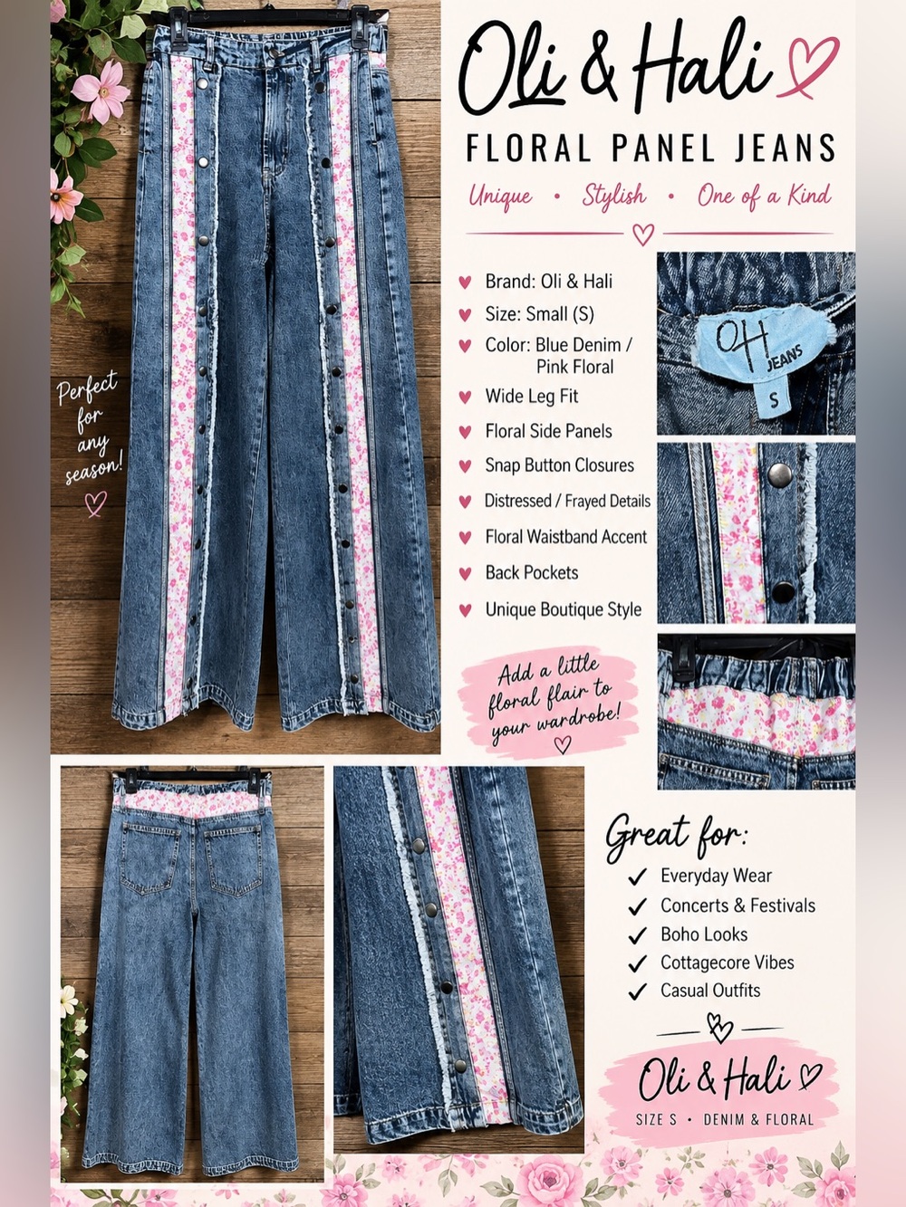 Oli & Hali Acid washed Wide Leg Jeans with Pink Floral Side Stripes